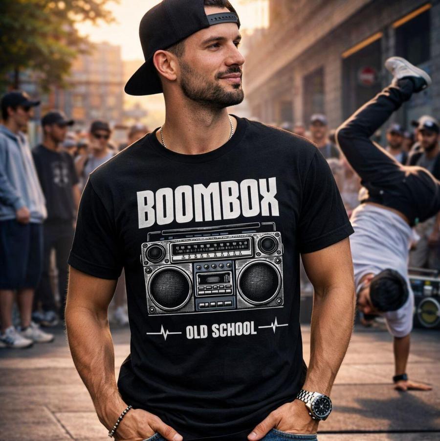 Boombox fekete pólóban fiatal férfi, háttérben breakelnek