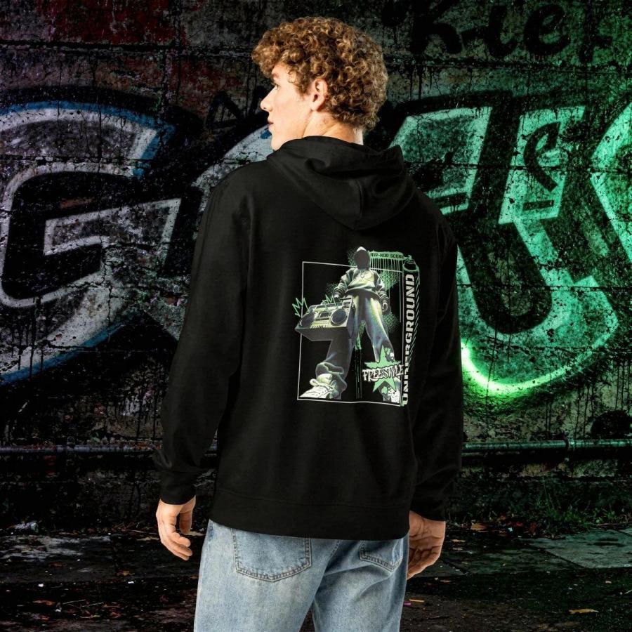 underground graffiti hátérben férfi fekete hip-hop freestyle kapucnis pulcsiban